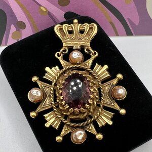 Purple Glass Medallion Crown Brooch